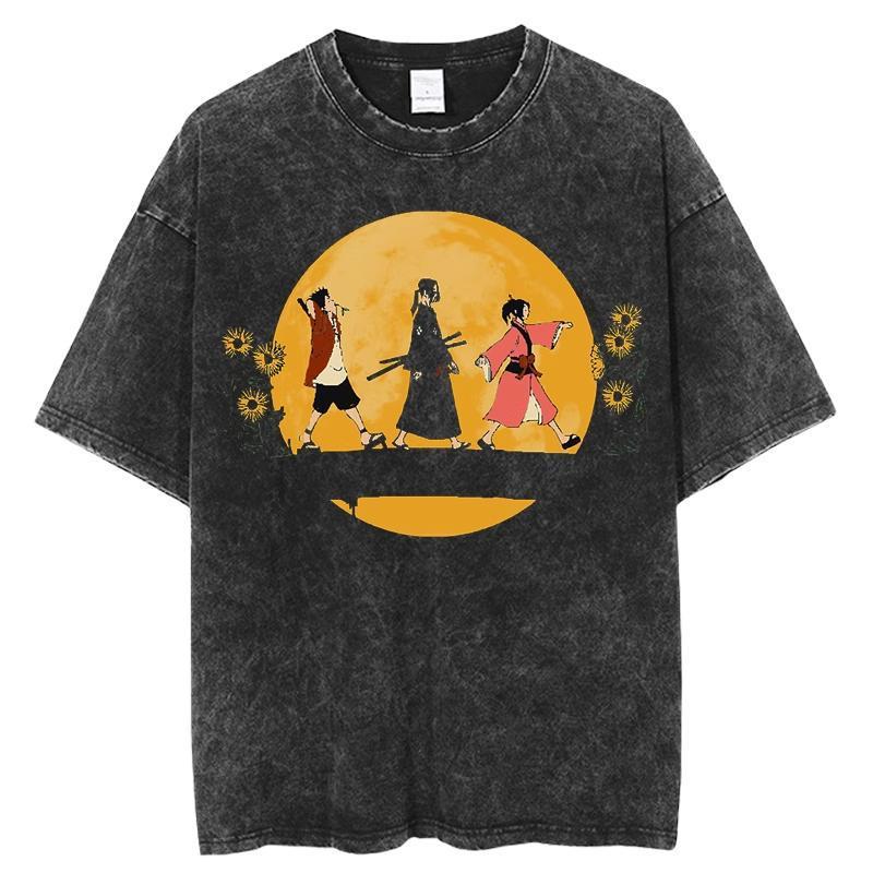 Japanese Anime Samurai Chaos Samurai Champloo Vintage Washed Old Short-Sleeved Cotton T-Shirt For Men And Women - Image 2