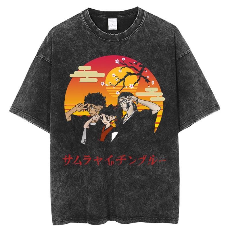 Japanese Anime Samurai Chaos Samurai Champloo Vintage Washed Old Short-Sleeved Cotton T-Shirt For Men And Women - Image 3