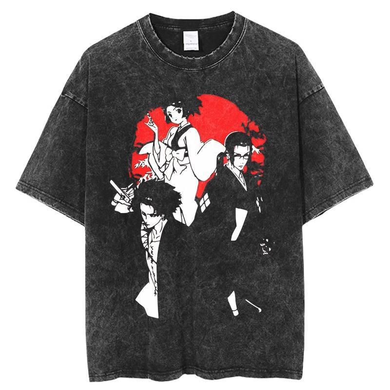 Japanese Anime Samurai Chaos Samurai Champloo Vintage Washed Old Short-Sleeved Cotton T-Shirt For Men And Women - Image 4
