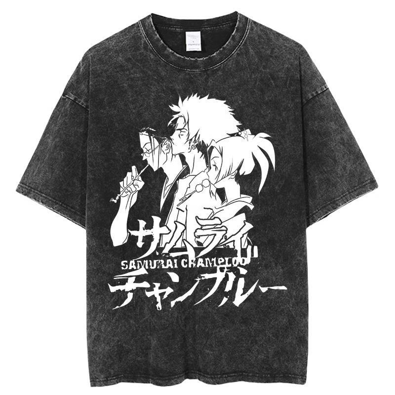 Japanese Anime Samurai Chaos Samurai Champloo Vintage Washed Old Short-Sleeved Cotton T-Shirt For Men And Women - Image 1