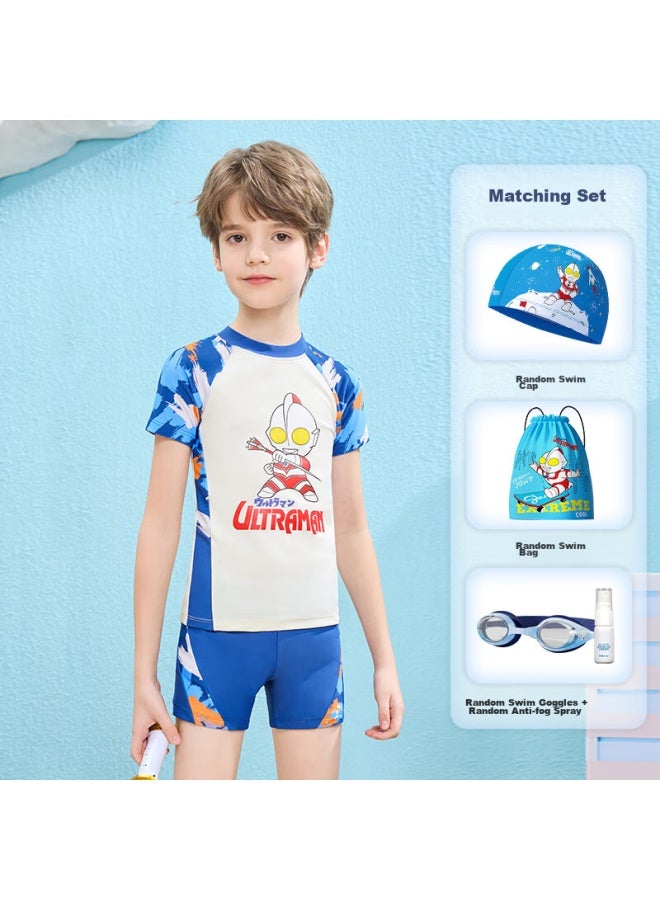 F.dyraa Classic Ultraman Children's Swimwear, Two-piece Set For Small To Large Kids, Boys' Swimsuit, Five-piece Set, 34039 Blue And White, 3XL - Image 1