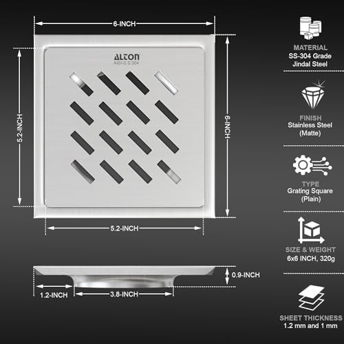 ALTON ALD1003, SS-304 Grade, 6x6 INCH Plain, Bathroom Grating Square Floor Drain Jali, Matte - Image 2