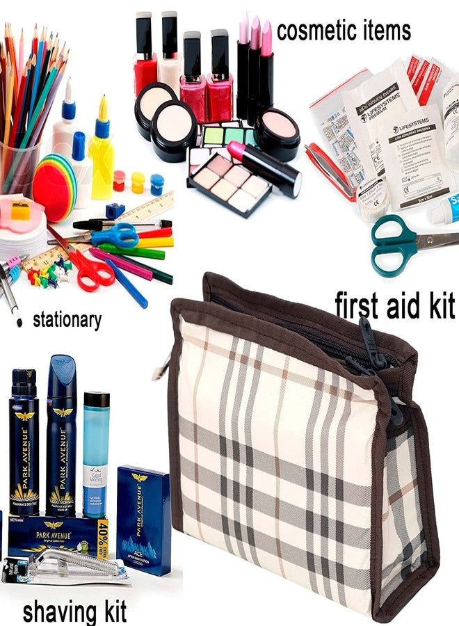 PRISMAXIC Polyester Multipurpose Different Sizes 3 Piece Travel Pouch Toiletry Shaving Cosmetic Makeup Kit Zipper Stationary Case Pen/Pencil/Cosmetics Pouch (Brawn-Checks) - Image 4