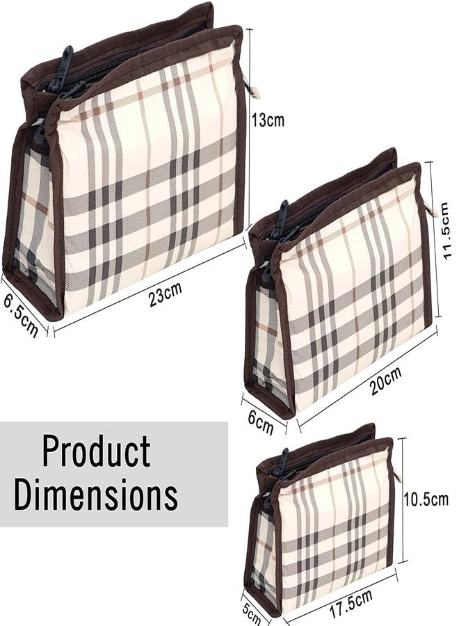 PRISMAXIC Polyester Multipurpose Different Sizes 3 Piece Travel Pouch Toiletry Shaving Cosmetic Makeup Kit Zipper Stationary Case Pen/Pencil/Cosmetics Pouch (Brawn-Checks) - Image 2
