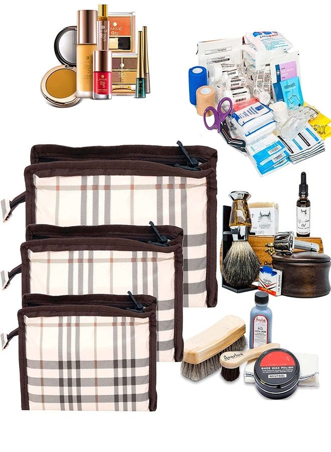 PRISMAXIC Polyester Multipurpose Different Sizes 3 Piece Travel Pouch Toiletry Shaving Cosmetic Makeup Kit Zipper Stationary Case Pen/Pencil/Cosmetics Pouch (Brawn-Checks) - Image 5