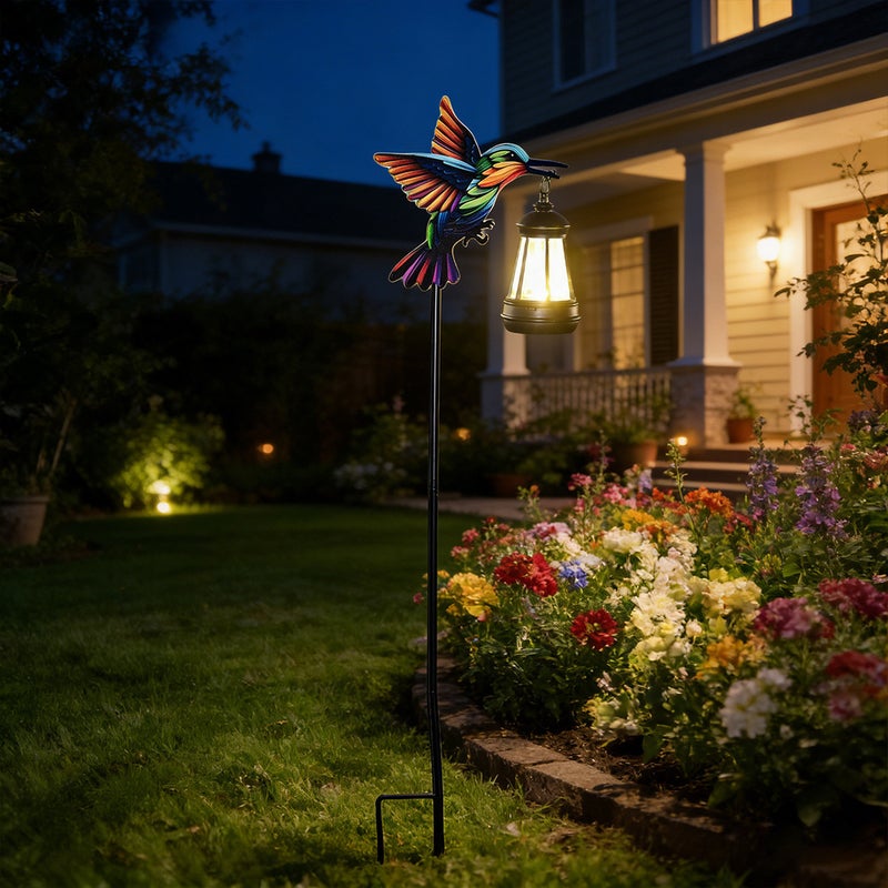 Iron Colorful Hummingbird Lantern Stake Light for Outdoor Solar Villa Garden Lawn Decor - Image 1