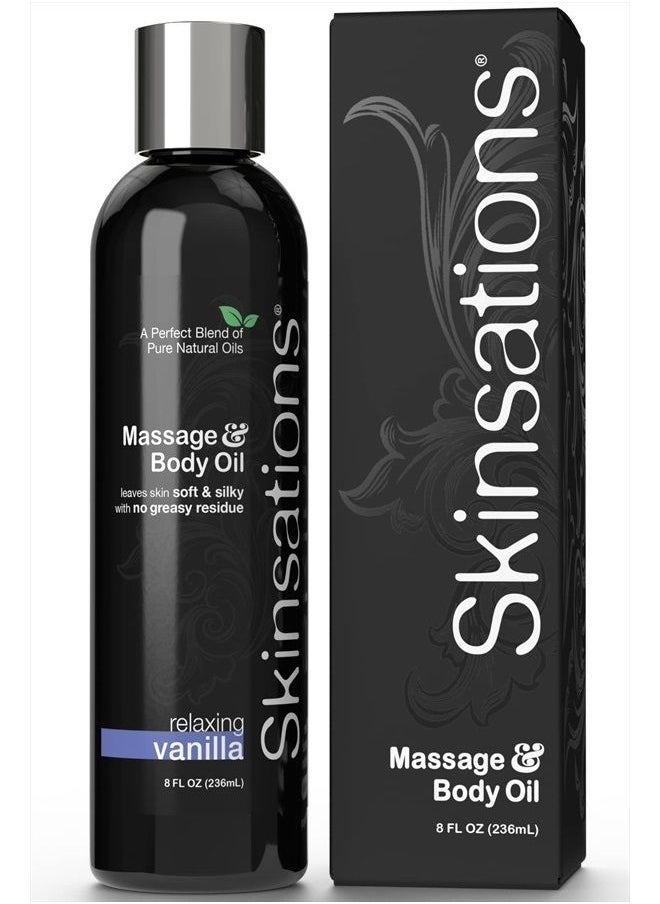 Skinsations - Body Massage Oil - Vanilla 8oz | Edible Blend of Sweet Almond Oil, Fractionated Coconut Oil, Grapeseed Oil, Jojoba Oil with Enticing Vanilla Scent, Body Oil Gift for Him and Her - Image 1