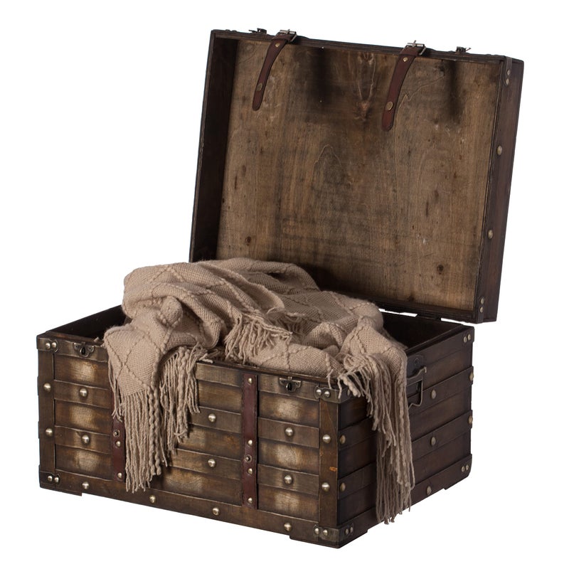 vintiquewise Vintiquewise Wooden Brown Storage Trunk with Faux Leather Straps and Handles Large