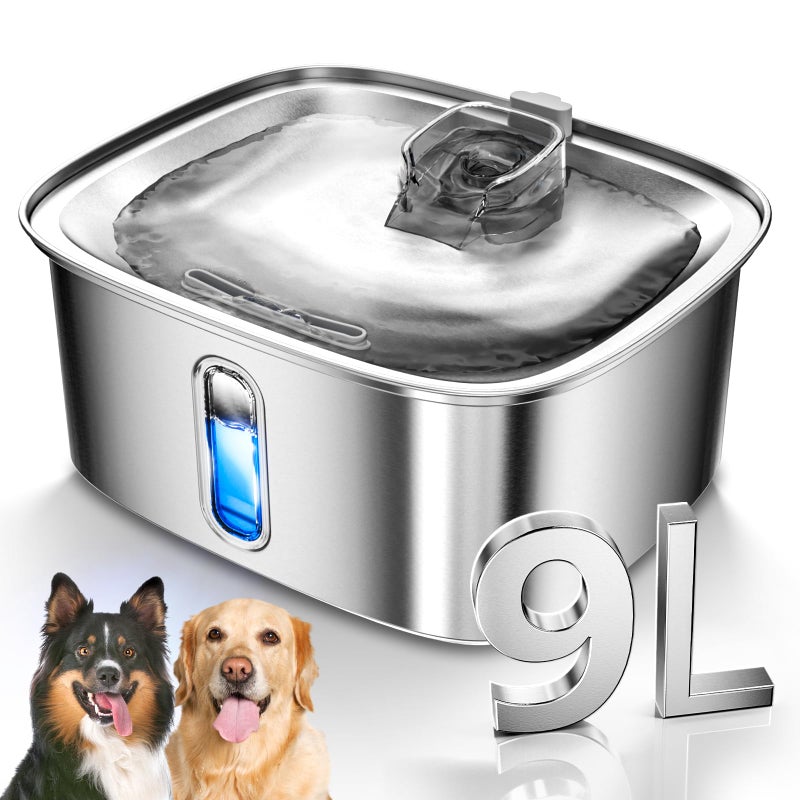 MAILOFY Dog Water Fountain for Large Dogs, 9L/2.4Gal Stainless Steel Dog Fountain with Water Level Window & Filtration, Automatic Pet Water Bowl Dispenser Indoor, Super Quiet for All Dogs and Multi-Pet - Image 1