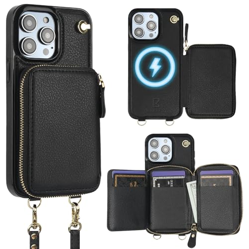Bocasal for MagSafe Crossbody Wallet Case Compatible with iPhone 14 Pro Max RFID Blocking Protective Purse Case with Card Slots Holder Kickstand Wrist Strap Lanyard Zipper 67 Inch 5G Black - Image 1
