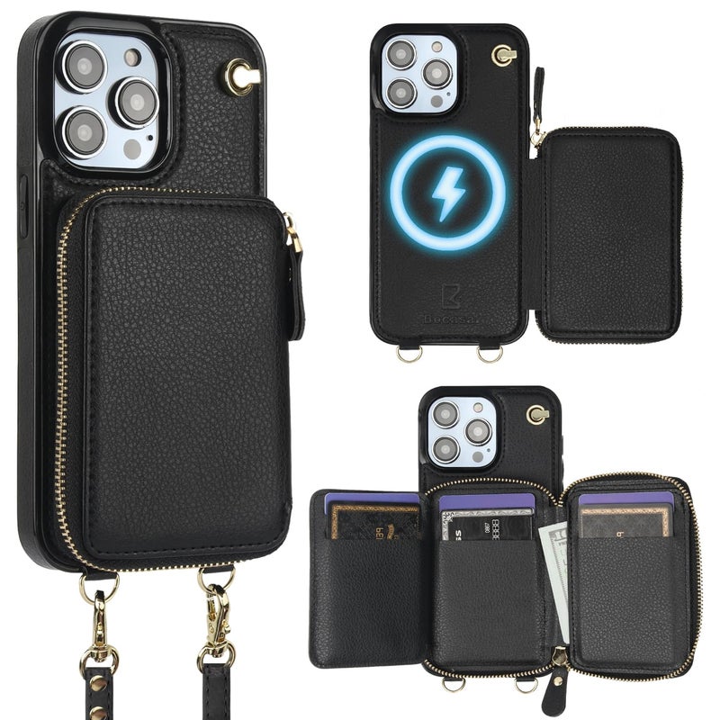 Bocasal for MagSafe Crossbody Wallet Case Compatible with iPhone 14 Pro Max RFID Blocking Protective Purse Case with Card Slots Holder Kickstand Wrist Strap Lanyard Zipper 67 Inch 5G Black - Image 2