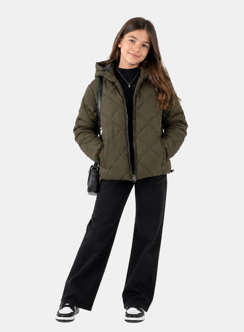 Andora Zipper Closure Hooded Pump Jacket - Dark Olive - Image 1