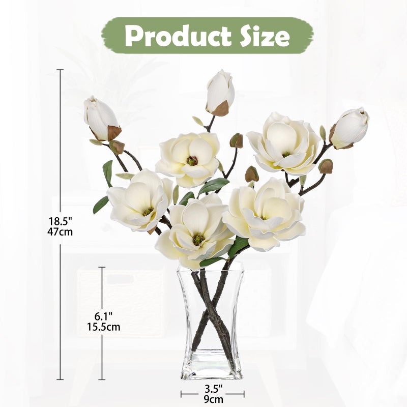 Briful Artificial Magnolia Flower Arrangement with Glass Vase, 18.5in White Faux Magnolia Flowers Fake Floral Centerpiece for Eleglant Home Office Room Table Shelf DÃ©cor - Image 2