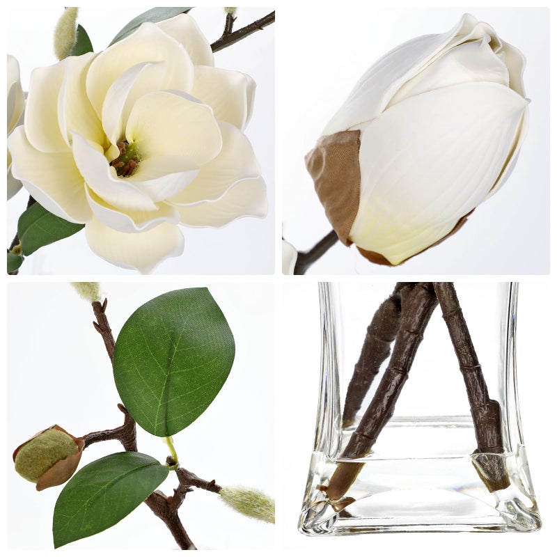 Briful Artificial Magnolia Flower Arrangement with Glass Vase, 18.5in White Faux Magnolia Flowers Fake Floral Centerpiece for Eleglant Home Office Room Table Shelf DÃ©cor - Image 3