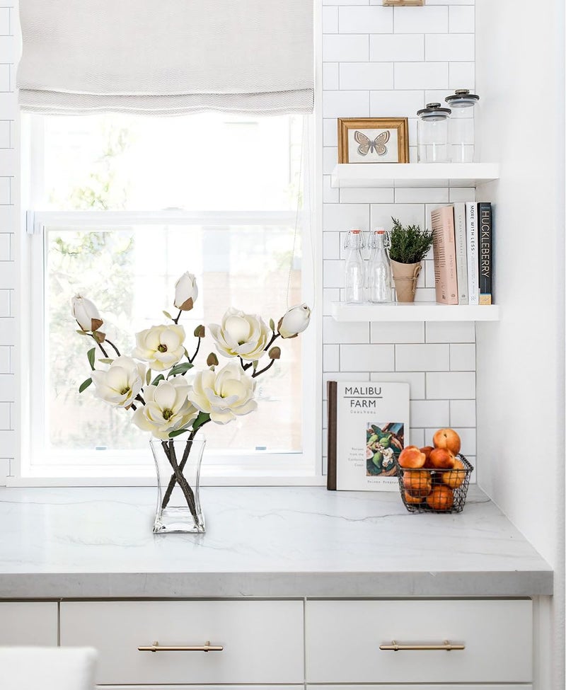 Briful Artificial Magnolia Flower Arrangement with Glass Vase, 18.5in White Faux Magnolia Flowers Fake Floral Centerpiece for Eleglant Home Office Room Table Shelf DÃ©cor - Image 4