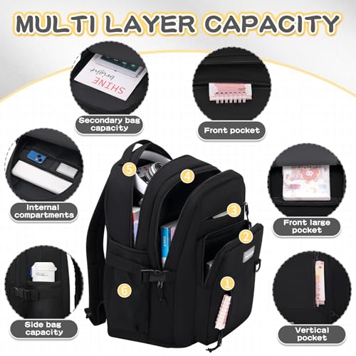PRAGARI Kids Backpack for School Cute Aesthetic Black Backpack Girls Student Bookbag Women Travel Lightweight Book Bag - Image 3