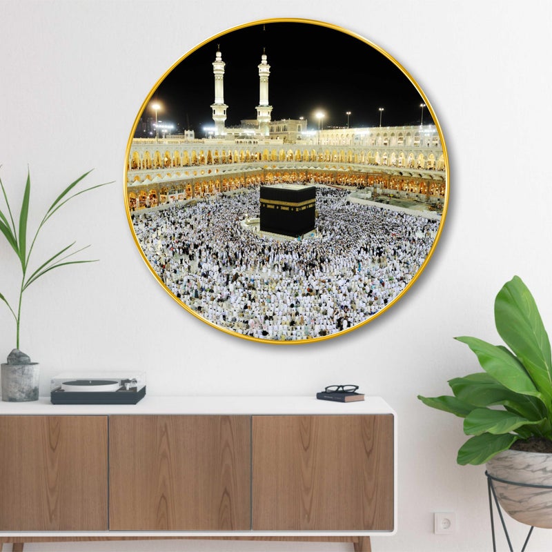 SAF Kaaba Round Wall Painting with Golden Frame | Islamic Religious Art for Home Mosque Office | Mecca Pilgrimage Wall Hanging Décor | Spiritual Islamic Gift (23 X 23 Inch) GR-250 - Image 5