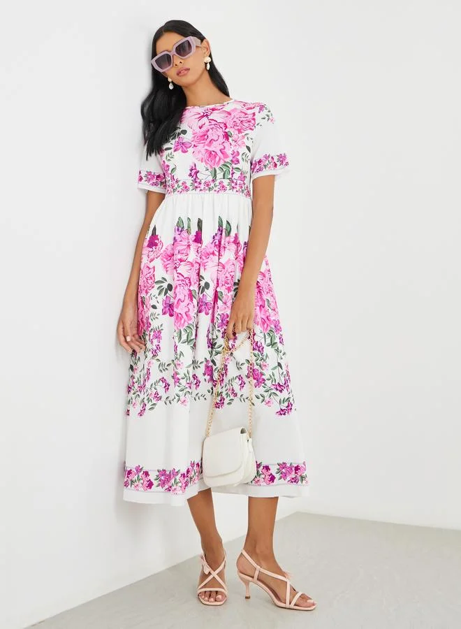 تايك تو Take Two Floral Print Short Sleeve Midi Dress