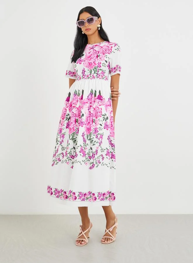تايك تو Take Two Floral Print Short Sleeve Midi Dress
