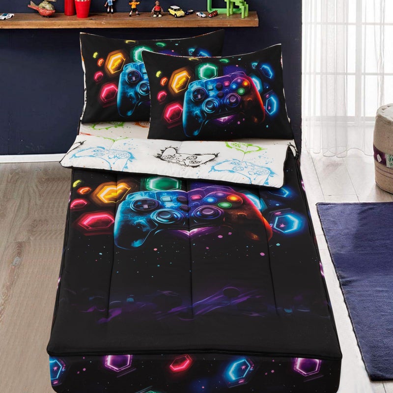 A Nice Night Kids Game Console Zippered Comforter Set - Zipper Bedding for Boys Outer Space Gaming Galaxy Theme, Twin - Image 1
