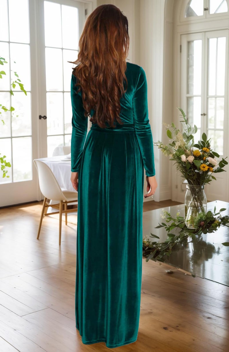 BestGirl Women's Velvet Maxi Dress Crew Neck Long Sleeve High Waist with Belt Cocktail Party Bridesmaid Dresses - Image 2
