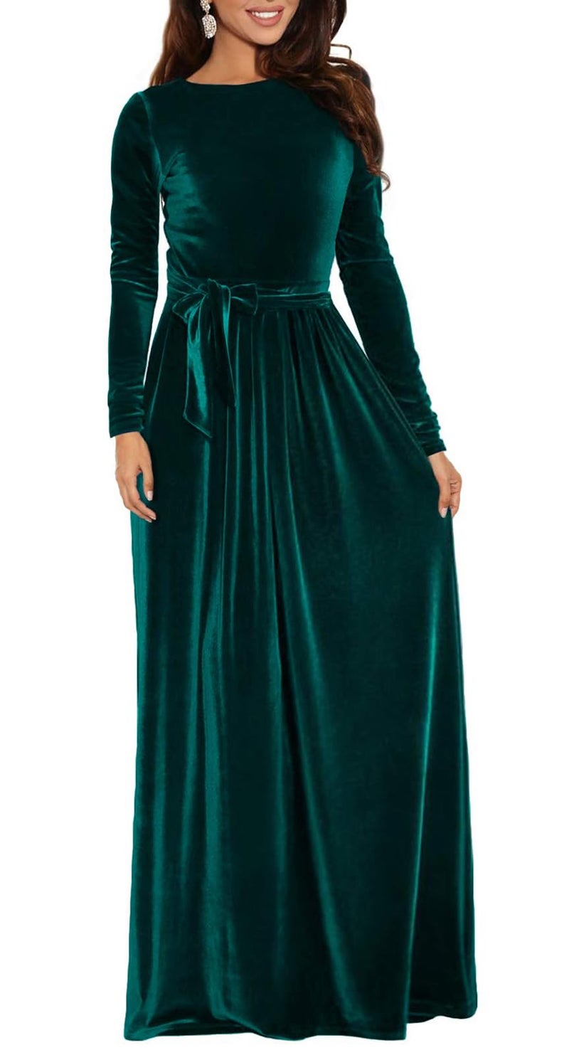 BestGirl Women's Velvet Maxi Dress Crew Neck Long Sleeve High Waist with Belt Cocktail Party Bridesmaid Dresses - Image 1