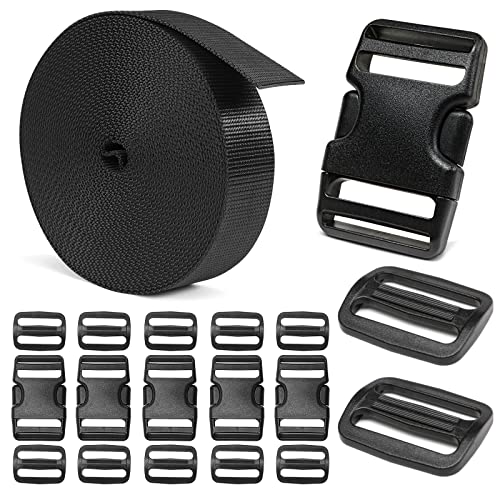 BEYOURD Heavy-Duty Buckles and Strap Set 1-1/2": 6 Yards of Thick Nylon Webbing, 6-Pack Adjustable Quick Side Release Plastic Buckles, 12 Tri-Glide Slide Clips, Black (1-1/2" Combo Set) - Image 1