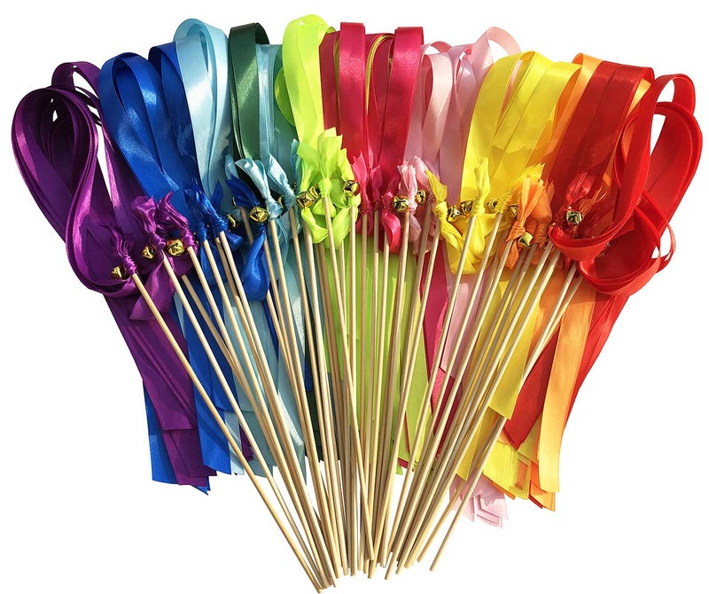 Kingsnow 50 Pack Ribbon Wands Wedding Streamers with Bells Silk Fairy Stick Wish Wands Party Favors for Wedding Send Off Party Activities Table Holiday Celebration - Image 2