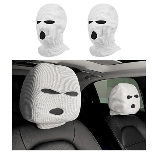 Suvnie 2 PCS Car Headrest Cover Personalized Funny Car Seat Full Face Mask Ski Mask Wrap Protection for Auto Front Seat Rest Decoration Universal Interior Car Accessories White
