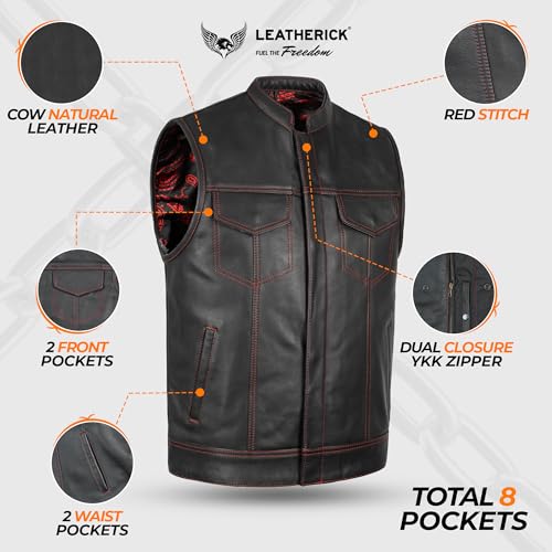 Leatherick Mens Black Motorcycle Vests - SOA Club & Traditional Paisley Satin Liner Leather Biker Vests (US, Alpha, Medium, Regular, Regular, Red & Black Paisley (With Red Stitching)) - Image 3
