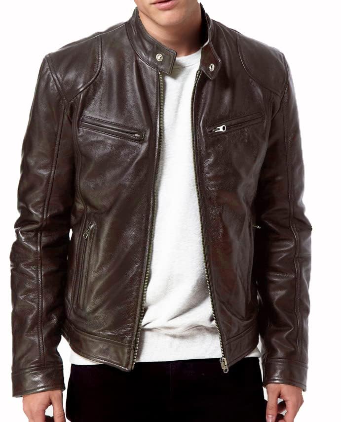 DECIMAL Men's Black Genuine Lambskin Leather Biker Jacket VINTAGE REAL BROWN MOTORCYCLE JACKETS FOR MEN (M, BROWN) - Image 2