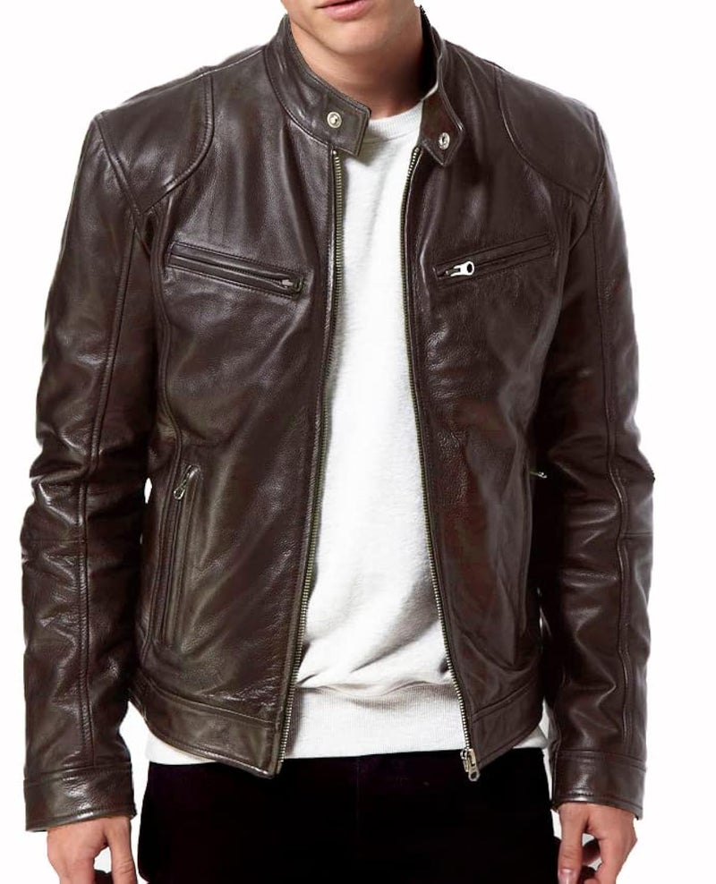 DECIMAL Men's Black Genuine Lambskin Leather Biker Jacket VINTAGE REAL BROWN MOTORCYCLE JACKETS FOR MEN (M, BROWN) - Image 5