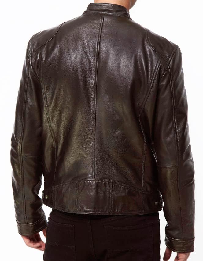 DECIMAL Men's Black Genuine Lambskin Leather Biker Jacket VINTAGE REAL BROWN MOTORCYCLE JACKETS FOR MEN (M, BROWN) - Image 3