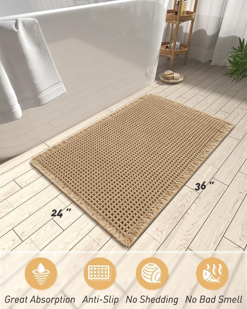 Brown honeycomb floor mat microfiber soft strong absorbent non-slip rubber bottom with tassel machine washable 61 × 92cm - Image 1