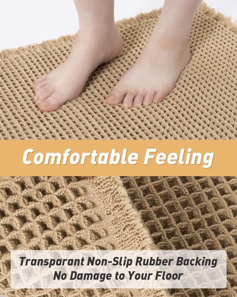 Brown honeycomb floor mat microfiber soft strong absorbent non-slip rubber bottom with tassel machine washable 61 × 92cm - Image 2