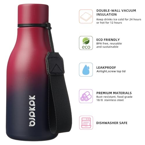 BJPKPK Insulated Water Bottles 12oz Stainless Steel Metal Water Bottle with Strap BPA Free Leak Proof Jugs Mugs Flasks Reusable Thermal Flasks for Sports Travel Charming Black Red - Image 3