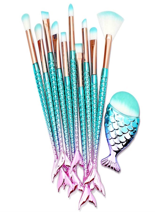 BeFunky 11PCS Makeup Brushes Set with Colorful Fish Tail Handle, Foundation Eyebrow Eyeliner Blush Cosmetic Concealer Brushes Gift for Girls Kids Women Cute Make Up Tool Set - Image 1