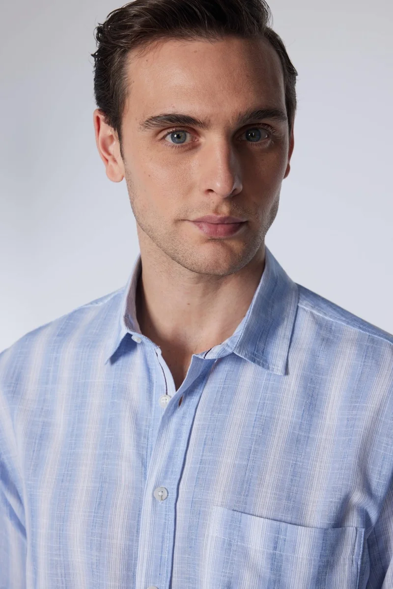 Tudors Classic Fit Long Sleeve Button Collar Single Pocket Linen Texture Striped Summer Men's Shirt
