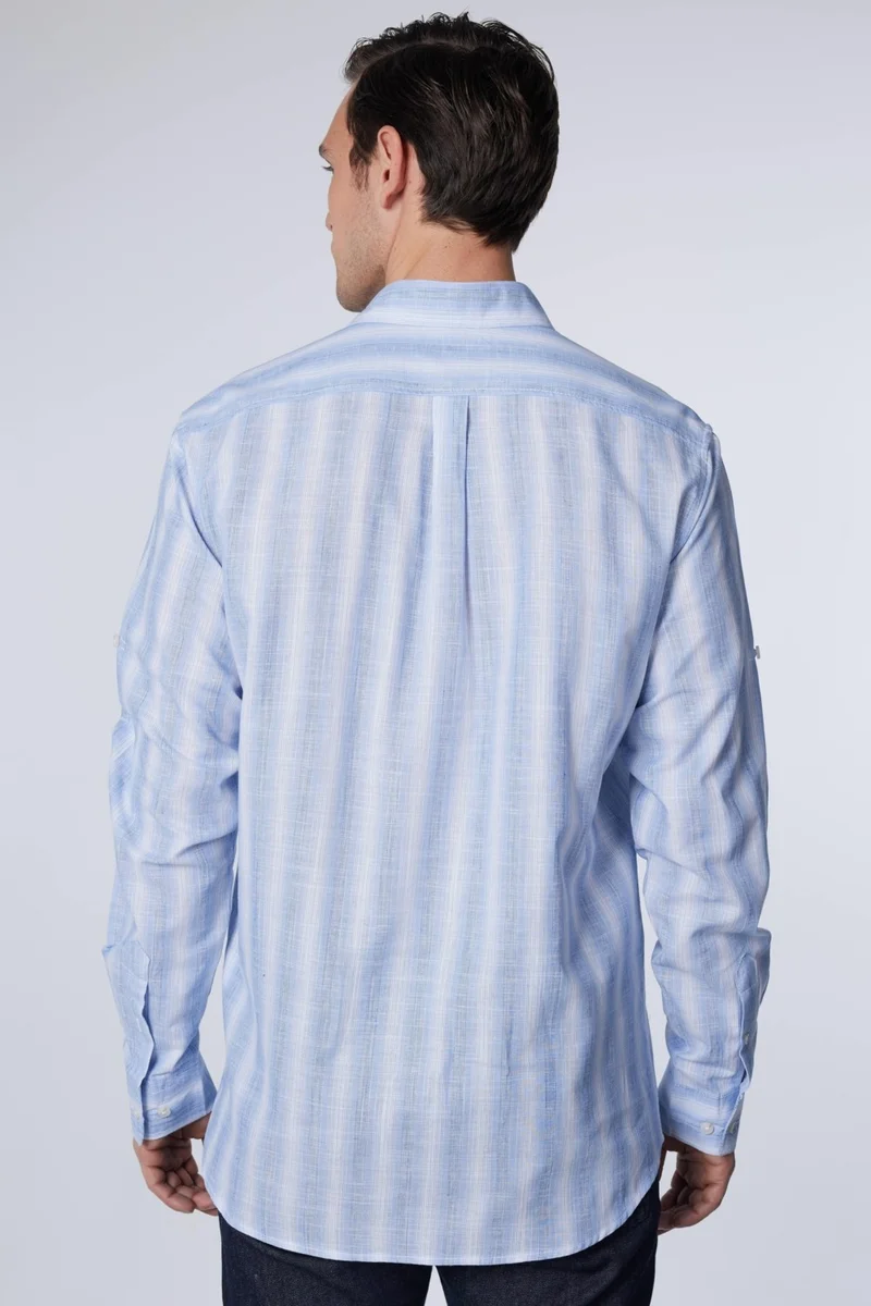 Tudors Classic Fit Long Sleeve Button Collar Single Pocket Linen Texture Striped Summer Men's Shirt