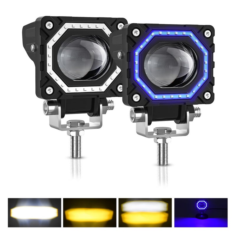 أضواء بود LED للدراجات النارية Kairiyard 3 إنش باللونين الكهرماني والأبيض مع ضوء نهاري أزرق 60 واط 6000 لومن مصباح مساعد مقاوم للماء للدراجات النارية والشاحنات وSUV وUTV وATV والجرارات - عبوة من 2