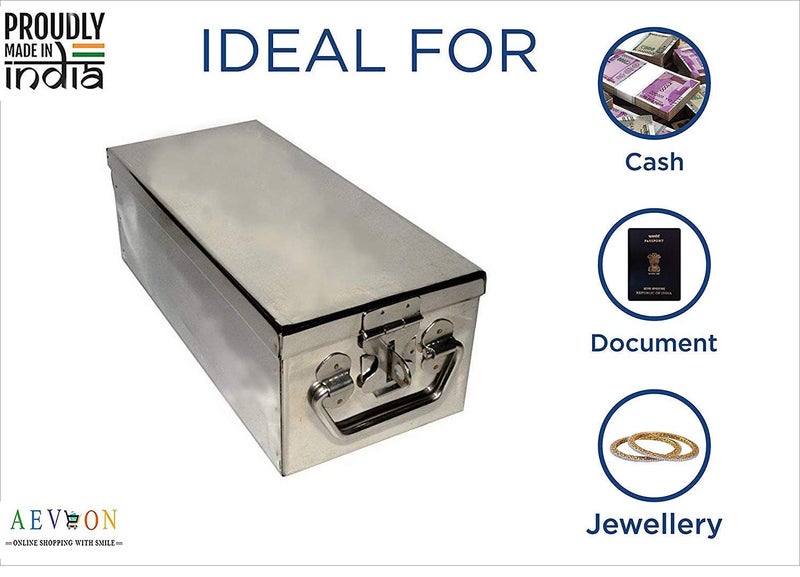 AEVLON Stainless Steel Rectangular LockerJewelleryCashCheck Book Box 10 Inch Silver - Image 2