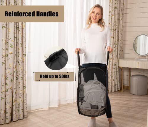 HOUSE AGAIN 2 Pcs Strong Mesh Pop-up Laundry Hamper, Quality Pop Up Hampers for Laundry with Durable Handles Solid Bottom High Carbon Steel Frame, Easy to Open and Fold Flat for Storage(Black) - Image 3