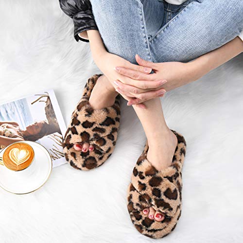 DL Fluffy Women's House Slippers - Cross Band, Open Toe, Soft Plush Fleece, Memory Foam, Comfy Fuzzy Slip On Non-Slip Indoor, Brown Leopard Size 7-8 - Image 2