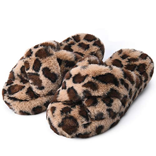 DL Fluffy Women's House Slippers - Cross Band, Open Toe, Soft Plush Fleece, Memory Foam, Comfy Fuzzy Slip On Non-Slip Indoor, Brown Leopard Size 7-8 - Image 1