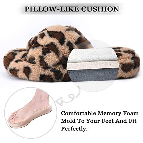 DL Fluffy Women's House Slippers - Cross Band, Open Toe, Soft Plush Fleece, Memory Foam, Comfy Fuzzy Slip On Non-Slip Indoor, Brown Leopard Size 7-8 - Image 4