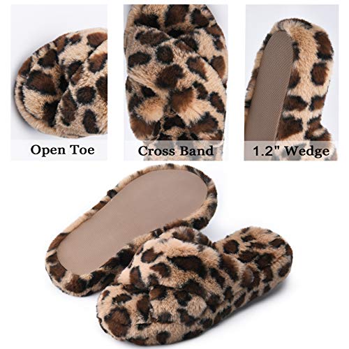 DL Fluffy Women's House Slippers - Cross Band, Open Toe, Soft Plush Fleece, Memory Foam, Comfy Fuzzy Slip On Non-Slip Indoor, Brown Leopard Size 7-8 - Image 3