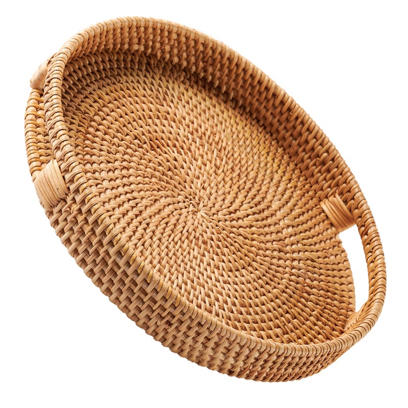 Jungle Culture Rattan Serving Tray 35cm  14  Woven Serving Trays with Handles for Home  Round Coffee Table Tray  Wicker Serving Basket for Bread Fruit Candles  Natural Honey