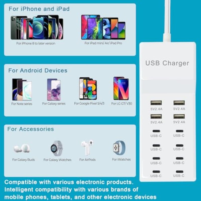 USB C Power Strip, 100W USB Charging Station 4 USB-A Ports and 8 USB-C Ports Multiple USB Charging Block with Auto-Detect Technology Compatible with Smart iPhone Tablet Laptop Multiple Devices - Image 5
