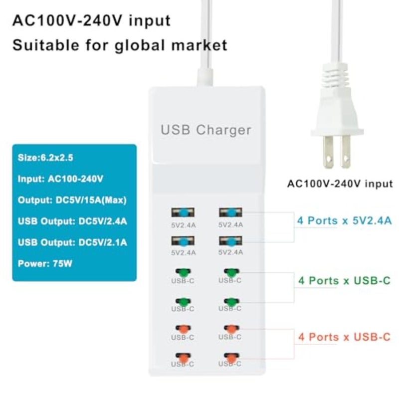 USB C Power Strip, 100W USB Charging Station 4 USB-A Ports and 8 USB-C Ports Multiple USB Charging Block with Auto-Detect Technology Compatible with Smart iPhone Tablet Laptop Multiple Devices - Image 3