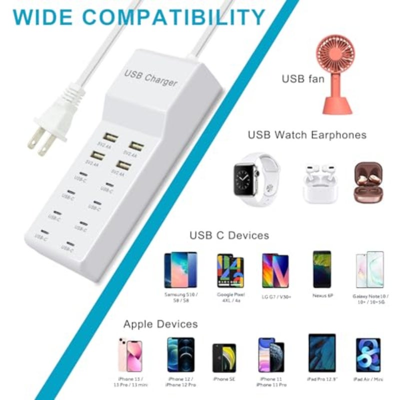USB C Power Strip, 100W USB Charging Station 4 USB-A Ports and 8 USB-C Ports Multiple USB Charging Block with Auto-Detect Technology Compatible with Smart iPhone Tablet Laptop Multiple Devices - Image 2